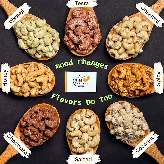 Gold Cashew Variety Pack – 10 Roasted Cashew Flavors (Coconut Wasabi Honey Spicy Salted Unsalted Coffee Cheese Chocolate Testa) – 10 x 50g Bags – Vietnamese Snack Gift Box for Family Non GMO