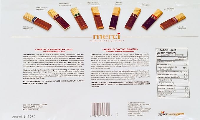 Merci Finest Assortment of European Chocolates. 400grams / 14.1 ounces . 32 pieces of individually wrapped Fine European Chocolates