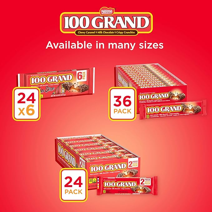 100 Grand Milk Chocolate Candy Bars Full Size Bulk Individually Wrapped Ferrero Candy Pack of 36
