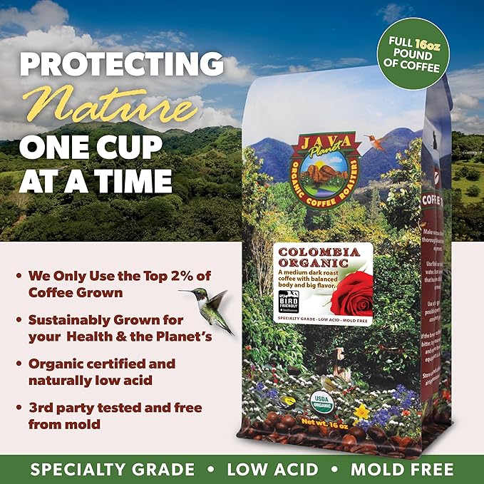 Low Acid Organic Coffee – Whole Bean Mold-Free &amp Stomach Friendly by Java Planet Colombian Single Origin Medium Dark Roast Smooth Full Flavored 5LB Bag