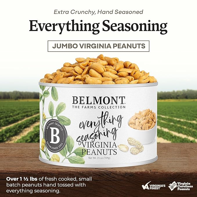 Belmont Peanuts Gourmet Everything Bagel Seasoning Flavored Virginia Peanuts 25 oz (Pack of 1) | Only 9 Simple Ingredients No Preservatives 7g Protein | Salty Peppery Crunchy Hand-Seasoned Snack