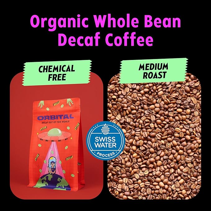 Organic USD Certified Swiss Water Process Decaf Whole Bean with tasting notes of Peach Nectarine Blackberry &amp Lime. Experience Orbital's Full-bodied clean and sweet brown sugar finish - 12 Oun