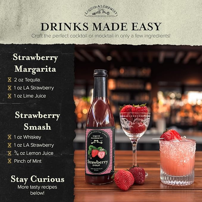 Liquid Alchemist Strawberry Syrup for Drinks - Real Ingredients Make our Strawberry Puree for Drinks a Perfect Margarita Mix - Our Flavored Syrup is Gluten &amp Dairy Free (25.4 oz)