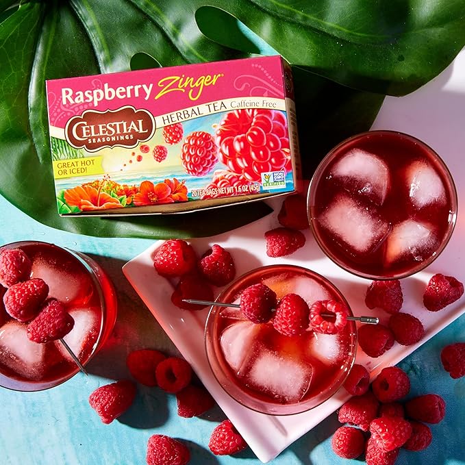Celestial Seasonings Raspberry Zinger Herbal Tea Caffeine Free 20 Tea Bags Box 6-Pack