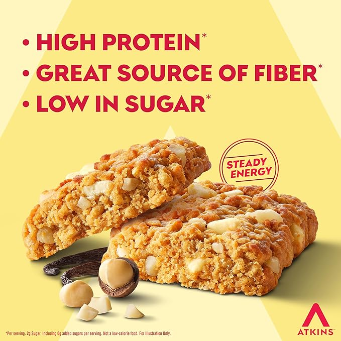 Atkins Soft Baked High Protein Bars Vanilla Macadamia Nut Flavor 15g Protein 4g Net Carbs 2g Sugar Excellent Source of Fiber High Protein 6 pack (4 bars each)