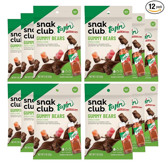 Snak Club Tajin Chocolatey Gummy Bears Assorted Chocolate Covered Fruit Candy Gummies with Chili and Lime Seasoning Mild Gluten-Free Snacks 2 oz Snack Bags 12 Pack