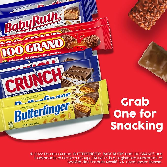 Butterfinger CRUNCH Baby Ruth and 100 Grand Bulk 28 Pack Assorted Full Size Chocolate Candy Bars 48 oz