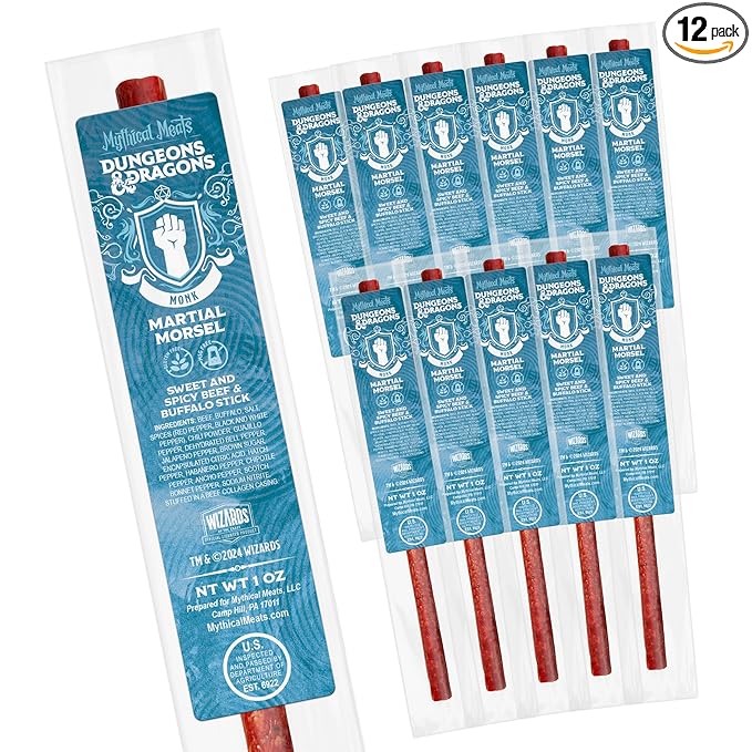 Mythical Meats Dungeons &amp Dragons Martial Morsel (Monk) - 12 Jerky Sticks - Sweet and Spicy Beef &amp Buffalo Stick Gluten Free MSG Free