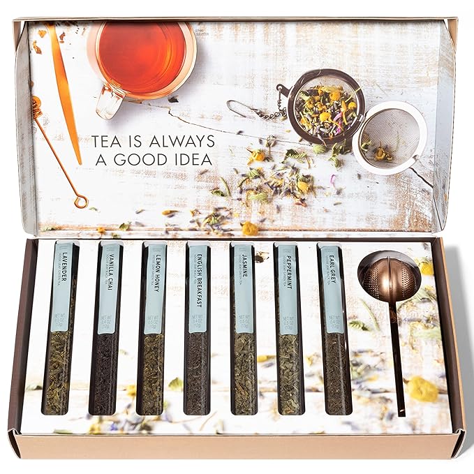 Thoughtfully Gourmet Tea Therapy Infusion Gift Set 7 Unique Flavors and Reusable Copper Ball Infuser Loose Leaf Tea Set Flavors Include Peppermint Jasmine Vanilla Chai and More Set of 7