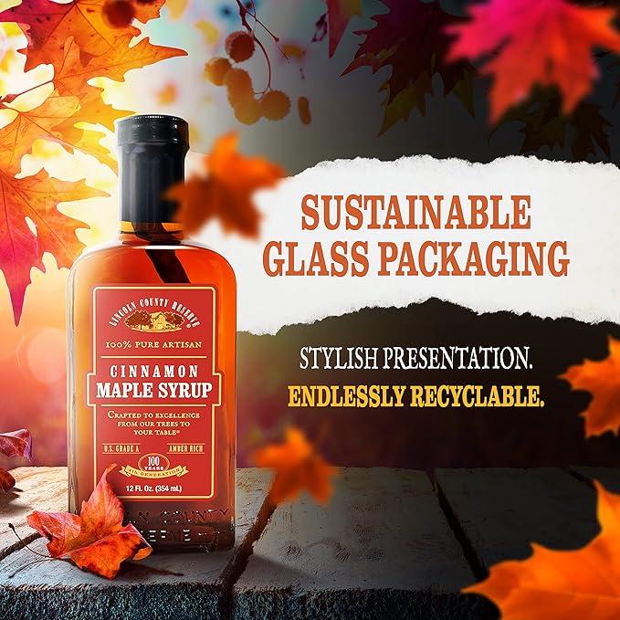 Lincoln County Reserve Cinnamon Maple Syrup Made in USA with Real Cinnamon Stick Amber Rich Grade A Real American Made for French Toast Pancakes Oatmeal and More