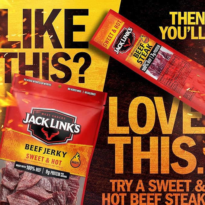 Jack Link's Sweet &amp Hot Beef Jerky - (10 Pack) 1.25 oz Bag - Ready to Eat Protein Snacks - 12g Protein per Serving - Made with 100% Real Beef