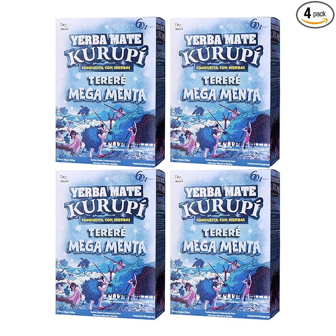 Kurupi Yerba Mate Terere Mega Mint 500 g (1.1 lb) | Paraguayan Herbal Yerba Mate with Mint &amp Boldo | Loose Leaf Mate Tea for Cold Brew | Refreshing &amp Aromatic | Gluten Free - 4 Packs