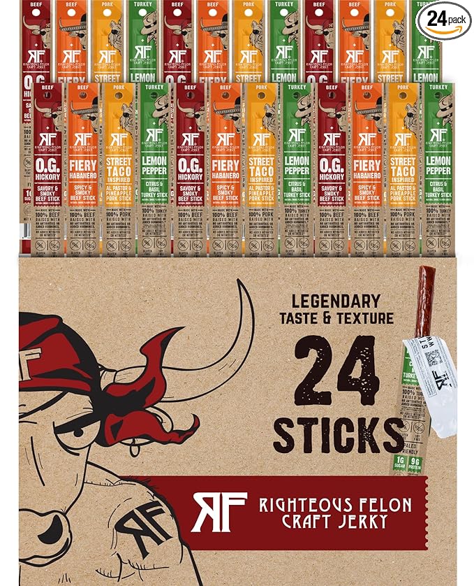 Righteous Felon Variety Meat Sticks | 100% Grass Fed Beef Turkey &amp Pork | 210g Total Protein | Gluten-Free Low Sugar High Protein Snack Sticks | Individually Wrapped | Jerky Variety Pack 24 Co