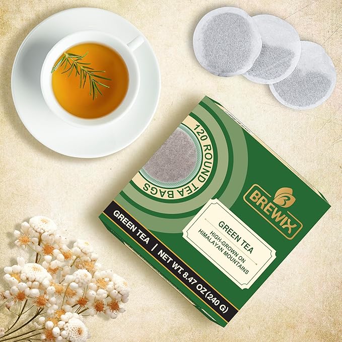 BREWIX Green Tea Bags From Himalayas (120 Round Tea Bag) Vacuum Packed for Freshness | Naturally Gluten Free I High Elevation Grown