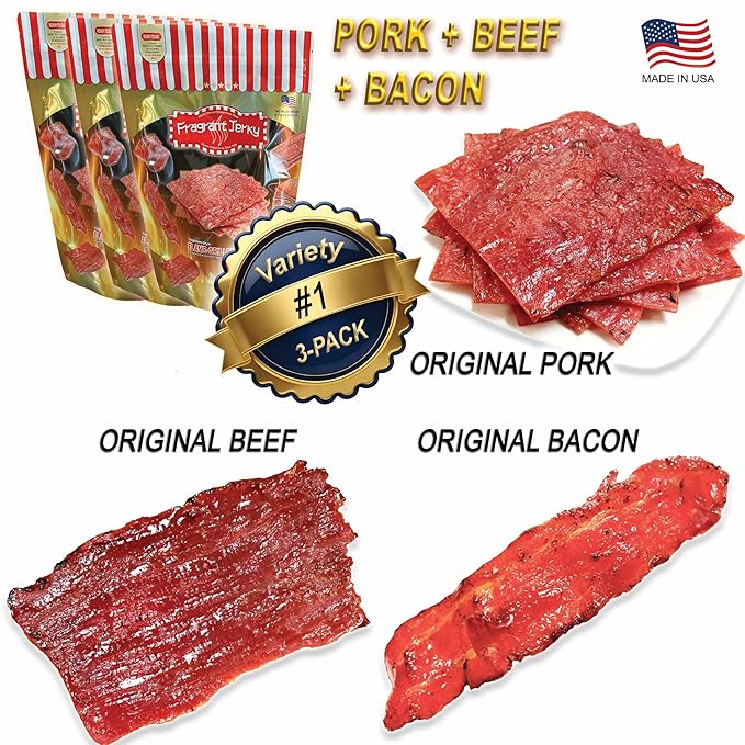 VP#1 BEEF+PORK JERKY - ORIGINAL FLAVOR (Pork Beef Bacon each 4oz) *Fresh Grilled to Order *Shipped the Same Day *L.A. Times Handmade Gift Winner