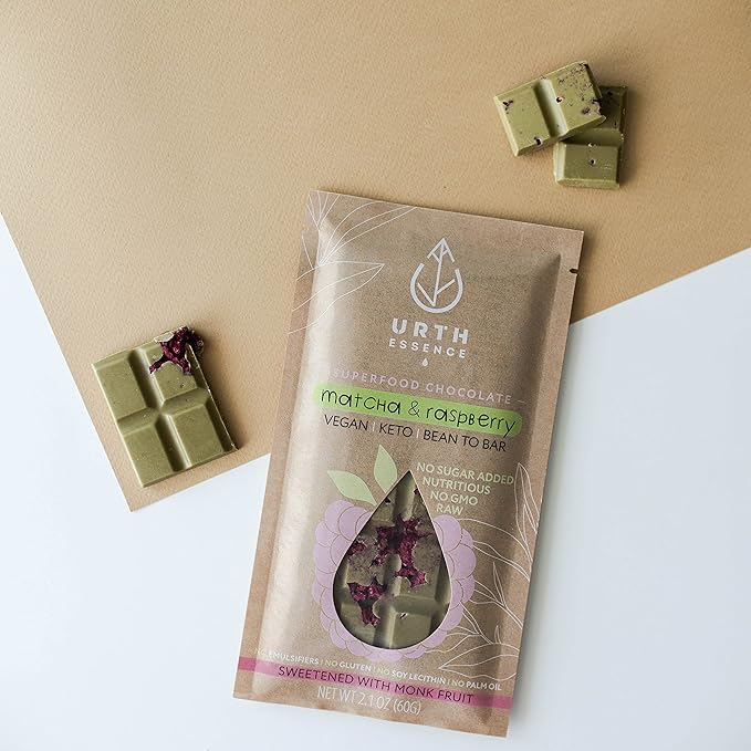 Urth Essence Sugar Free Vegan Chocolate Bars | Keto &amp Dairy Free | Healthy Vegan Gifts | Organic White Chocolate Matcha Raspberry