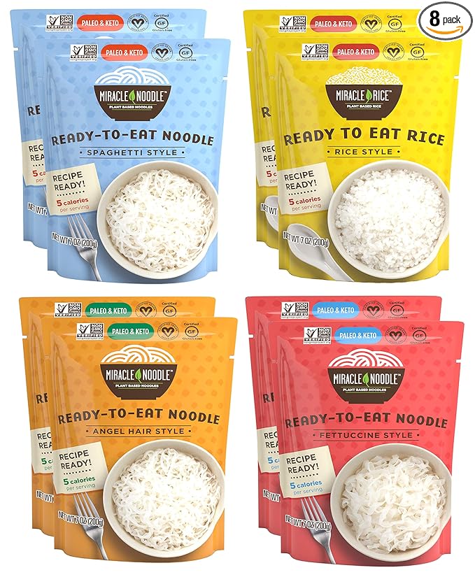 Miracle Noodle Ready to Eat Variety Pack 7 Oz (Pack of 8) Angel Hair Fettuccine Spaghetti &amp Rice Plant Based Shirataki Konjac Noodles 5 Calories Low Carb Keto Gluten-Free