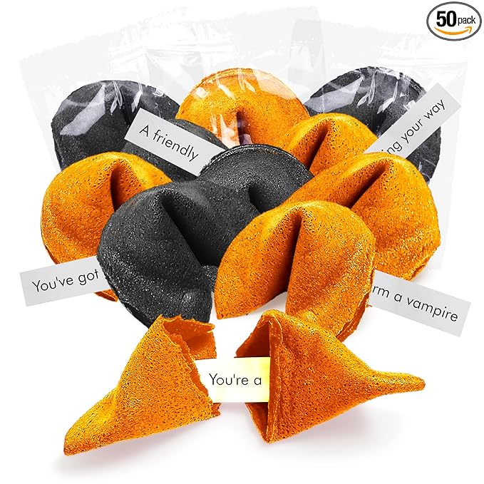 4E's Novelty Halloween Fortune Cookies Bulk - 50 Individually Wrapped with 50 Funny &amp Scary Fortune Cookies Sayings for Kids &amp Adults Trick-or-Treat Perfect for Halloween Party