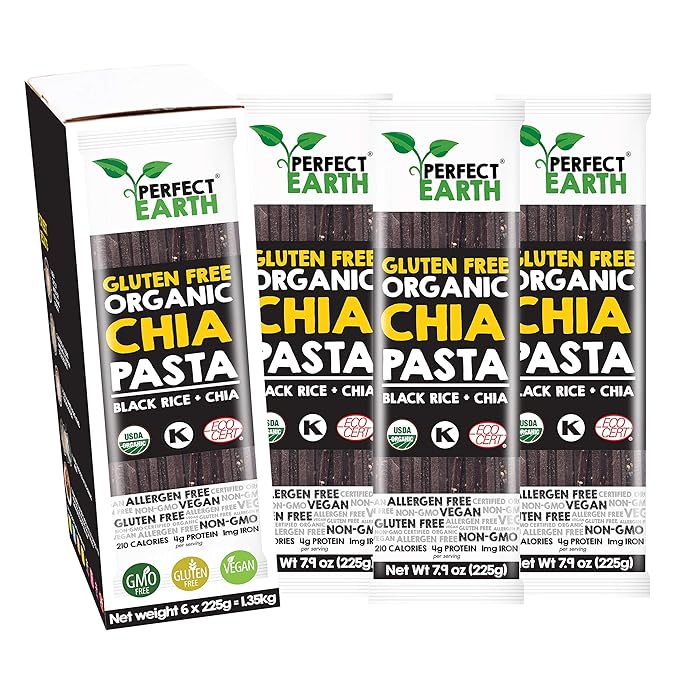 Perfect Earth Organic Black Rice Pasta with Chia Seeds - Organic Vegan Keto Kosher Allergen-Free Gluten-Free Low Carb Pasta - for Healthy Delicious and Convenient Meals - 6 Pack (7.9 Oz Each)