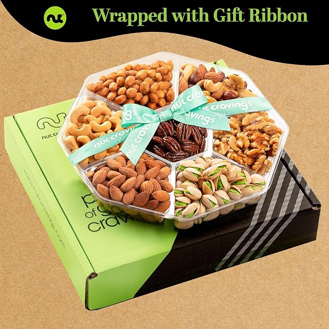 NUT CRAVINGS - Thank You Appreciation Mixed Nuts Gift Basket with Thank You Ribbon + Greeting Card (7 Assortments) Food Platter Healthy Snack Care Package Food Assortments