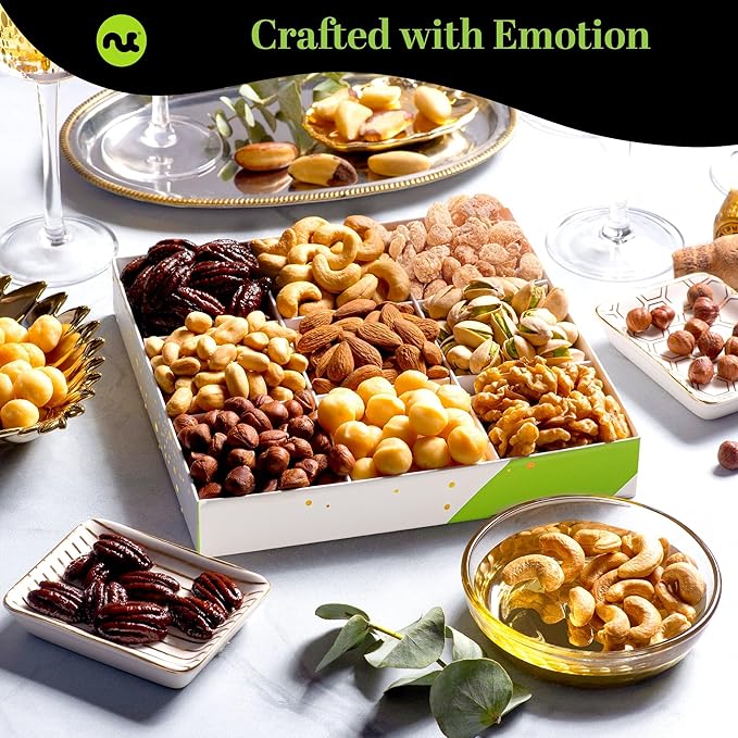 NUT CRAVINGS - Easter Mixed Nuts Gift Basket in White Gold Box (9 Assortments) Ramadan Gifts Saint Patrick's Day Treats for Adults Food Arrangement Healthy Snack Care Package Kosher