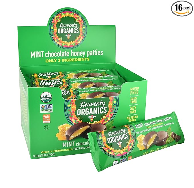 Heavenly Organics Mint Chocolate Honey Patties (16 Per Box) Made with 100% Organic Cocoa and 100% Organic Raw White Honey Non-GMO Fair Trade Kosher Dairy &amp Gluten Free No Sugar Added