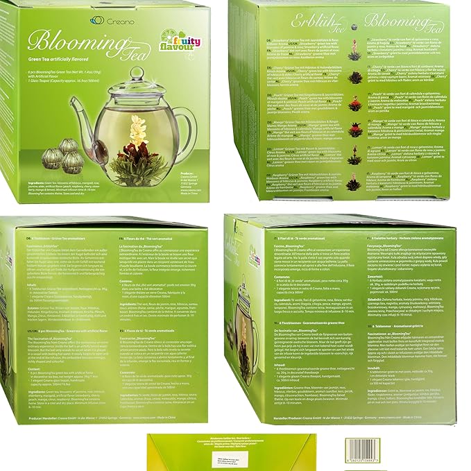 Creano Blooming Tea Gift Set with Glass Teapot 17oz (500ml) - Green Tea Fruity Flavoured Tea Flowers in 6 Varieties - Flowering Tea Gift for Easter