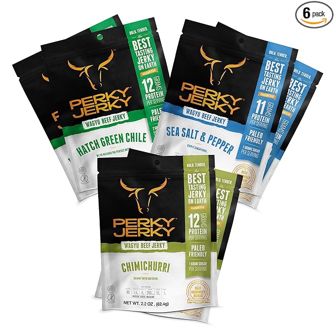 Perky Jerky Wagyu Variety Pack 2.2 ounce (Pack of 6) - 200mg sodium - 12g Protein per serving - Low Fat - 100% US Sourced - Tender Texture and Bold Flavor