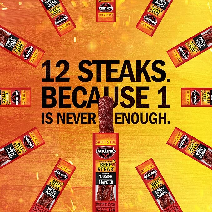 Jack Link's Beef Steak Sweet &amp Hot - Protein Snacks Meat Snack with 14g of Protein Made with 100% Beef Individually Wrapped Bulk Snack Pack - 2 Oz. (12 Count)