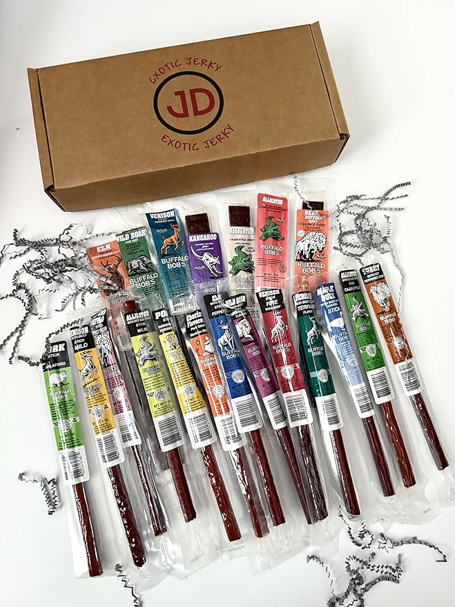 Buffalo Bob's Exotic Jerky Gift Box - Staff Favorite 20 Piece Assortment: Alligator Buffalo Venison Beef Ostrich Duck Elk - BBQ Cajun Peppered Teriyaki