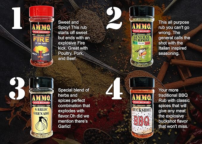 AMMO® Spice Rubs BBQ Grilling Starter Kit 4 Pack Varity Seasoning Barbecue Spices - Ultimate Grilling Accessories Set - Gift Kit for Barbecues Grilling and Smoking USA Proud