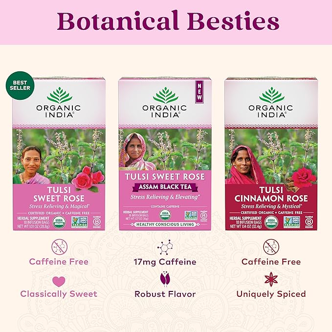 ORGANIC INDIA Tulsi Sweet Rose Herbal Tea - Holy Basil Leaf African Basil Chamomile Lemon Myrtle Stress Relieving Caffeine Free - 18 Bags 3 Pack