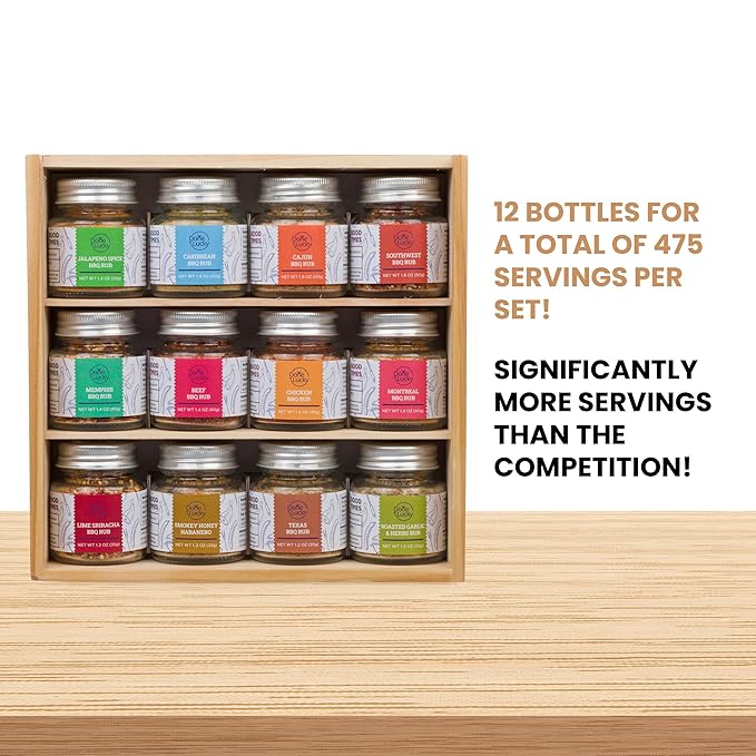 BBQ Rub Gift Set - Spice Gift Set in Premium Wooden Box - Great Grilling Gift for Christmas Birthday Father's Day for Him Dad Men or Her - Unique Barbecue Seasonings (Set of 12)