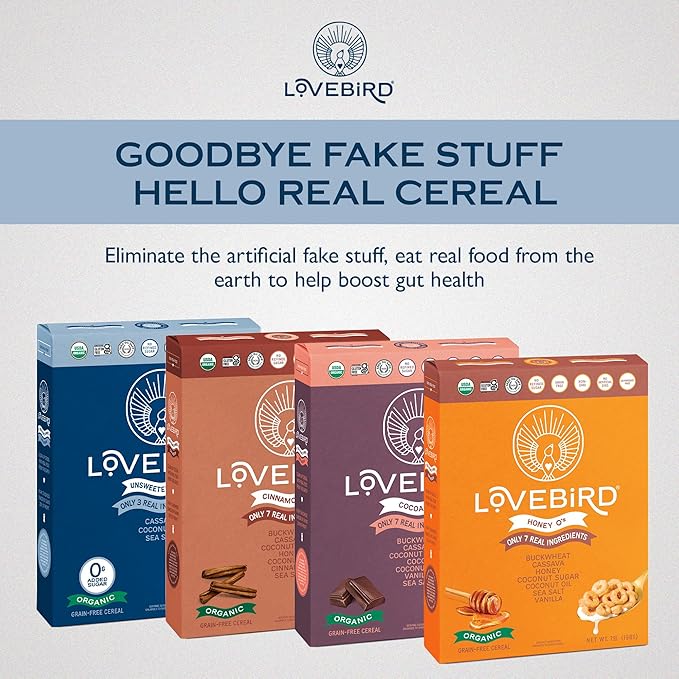 Lovebird Organic Cereal That Actually Tastes Good - 100% Real Food &amp Healthy Gluten Free Cereal No Refined Sugar Paleo Keto Friendly Healthy Snacks for Kids Adults - Variety 6-Pack