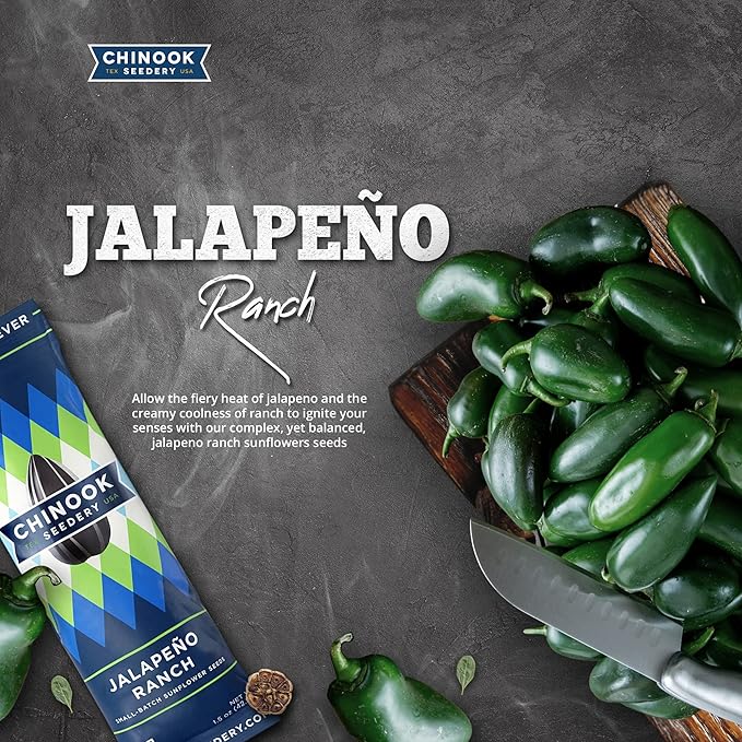 Chinook Seedery Sunflower Seeds to Eat — Jumbo Flavored Roasted Low Sodium Snacks — Keto Friendly Gluten-Free Non-GMO — Jalapeno Ranch Flavor 4 oz (12-Pack)