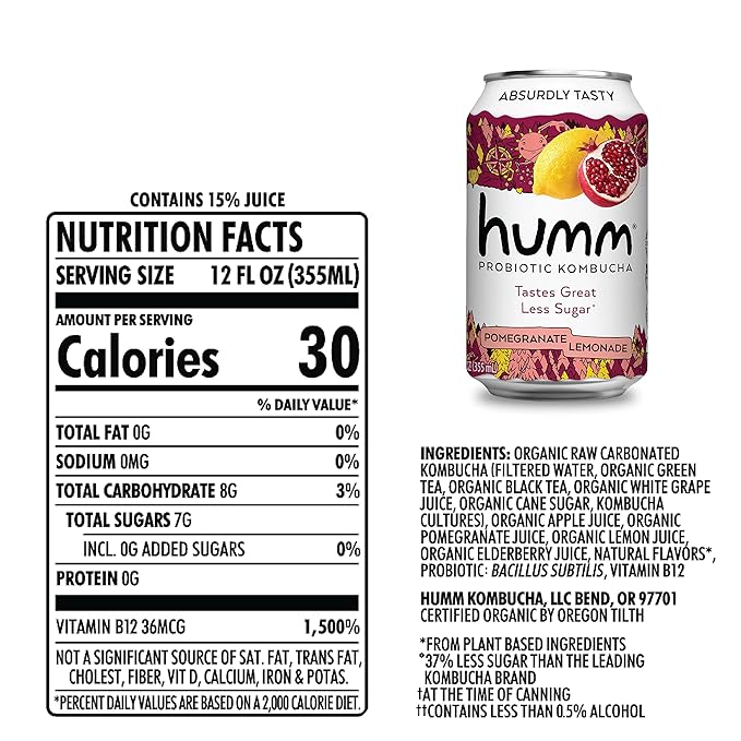 Humm Kombucha Pomegranate Lemonade Organic Vegan &amp GMO Free (12 Pack)