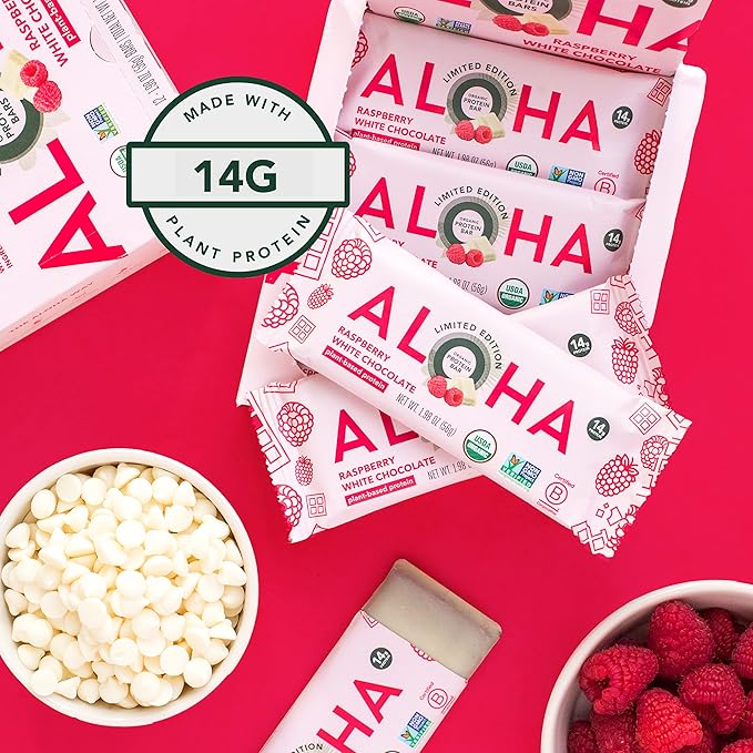 ALOHA Organic Plant Based Protein Bars | Raspberry White Chocolate | 12 Count 1.98oz Bars | Vegan Low Sugar Gluten Free Paleo Low Carb Non-GMO Stevia Free Soy Free No Sugar Alcohol Sweeteners