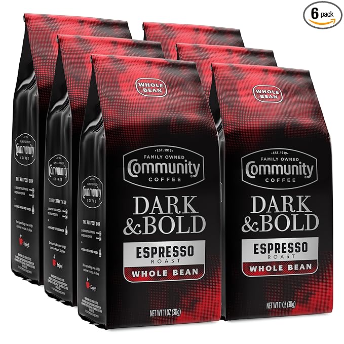 Community Coffee Dark &amp Bold Espresso Blend Dark Roast Whole Bean Coffee 11 Ounce Bag (Pack of 6)