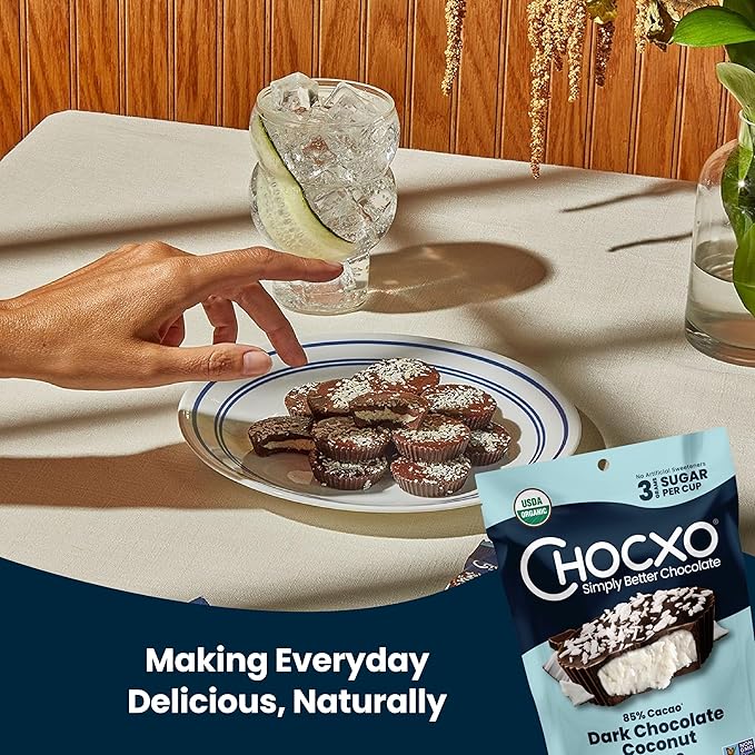 Chocxo Dark Chocolate Coconut Cups - Low in Sugar Organic 85% Cacao Non-GMO Keto Certified Gluten Free &amp Kosher. No Artificial Sweeteners or Sugar Alcohols 3.45 oz (Pack of 6)
