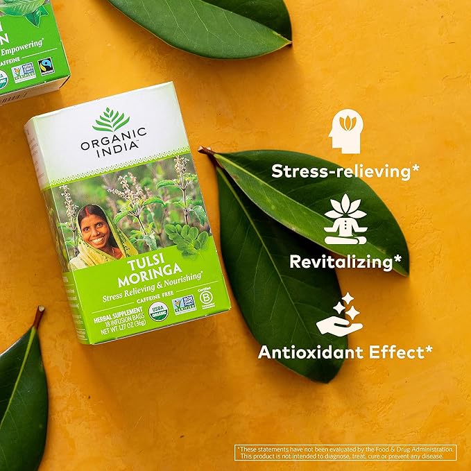 ORGANIC INDIA Tulsi Moringa Tea Bags - Holy Basil Lemongrass Moringa Leaves Stress Relieving &amp Nourishing Immune Support Tea Vegan Certified Organic Caffeine-Free - 18 Infusion Bags 6 Pack