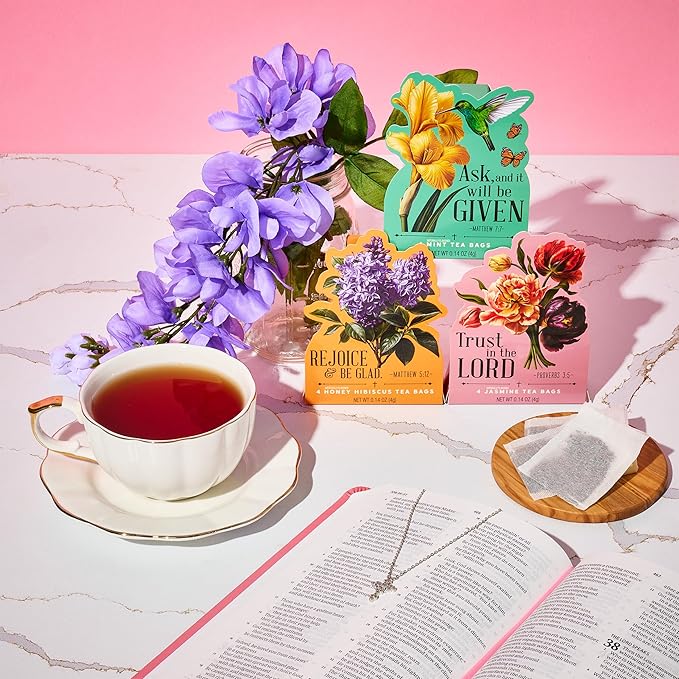 Thoughtfully Tea Affirmations Religious Gift Set 15 Gifts in 1 with Bible Verses 8 Flavors in 15 Floral Boxes with 4 Bags Each Christian Gifts for Women Bible Study Prayer Group Easter Gift