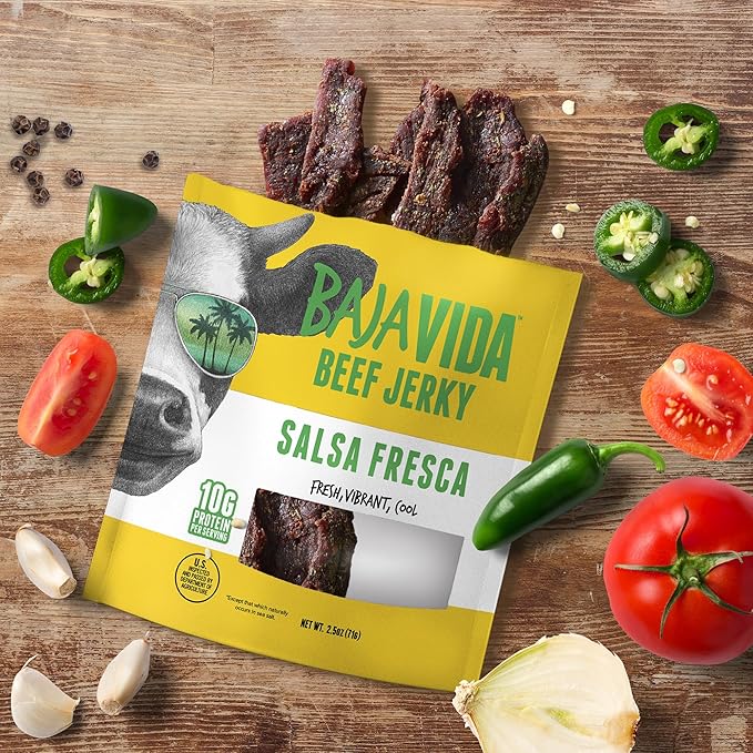 Baja Beef Jerky - 100% All Natural Beef Jerky Keto Jerky Gluten Free Low Calorie Craft Jerky 10g Protein per Serving No Nitrates or Added Hormones - Salsa Fresca 2.5 oz Bag (Pack of 4)