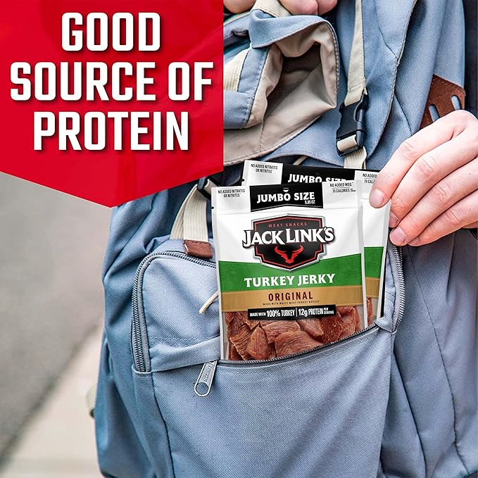 Jack Link's Turkey Jerky Original 5.85 oz. Sharing Size Bag – Flavorful Meat Snack with 12g of Protein 80 Calories Made with 100% Turkey - 96% Fat Free No Added MSG or Nitrates/Nitrites