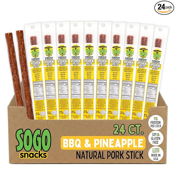 Barbecue and Pineapple Natural Pork Meat Sticks Sogo Snacks Smoked Meat Stick Travel Snacks Snack Bundle of 24 Mild Flavored Snack Sticks