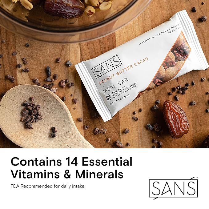 SANS Peanut Butter Cacao Meal Replacement Protein Bar | All-Natural Nutrition Bar With No Added Sugar | Dairy-Free Soy-Free and Gluten-Free | 15 Essential Vitamins and Minerals | (6 Pack)