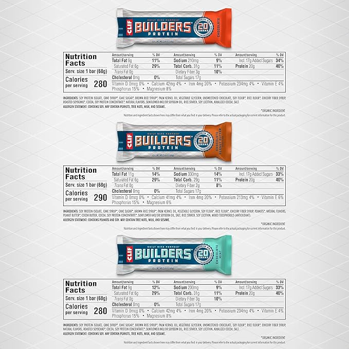 CLIF Builders - Variety Pack - Plant Based Protein Bars - Gluten Free - Non-GMO - Low Glycemic - 20g Protein - 2.4 oz. (12 Count)
