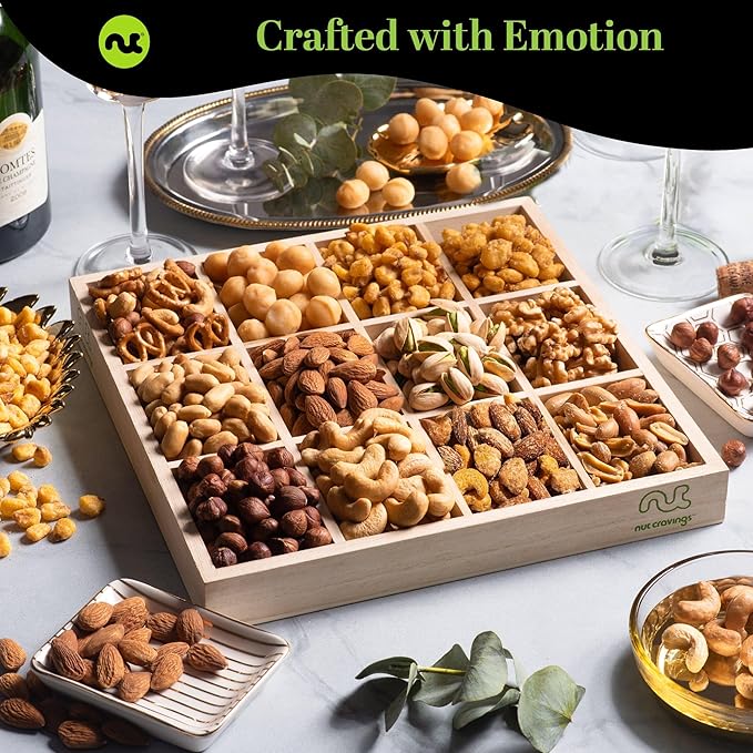 NUT CRAVINGS Gourmet Collection - Thinking of You Nuts Gift Basket with Thinking of You Ribbon + Greeting Card in Reusable Wooden Tray (12 Assortments) Food Arrangement Healthy Snack Food Assortments