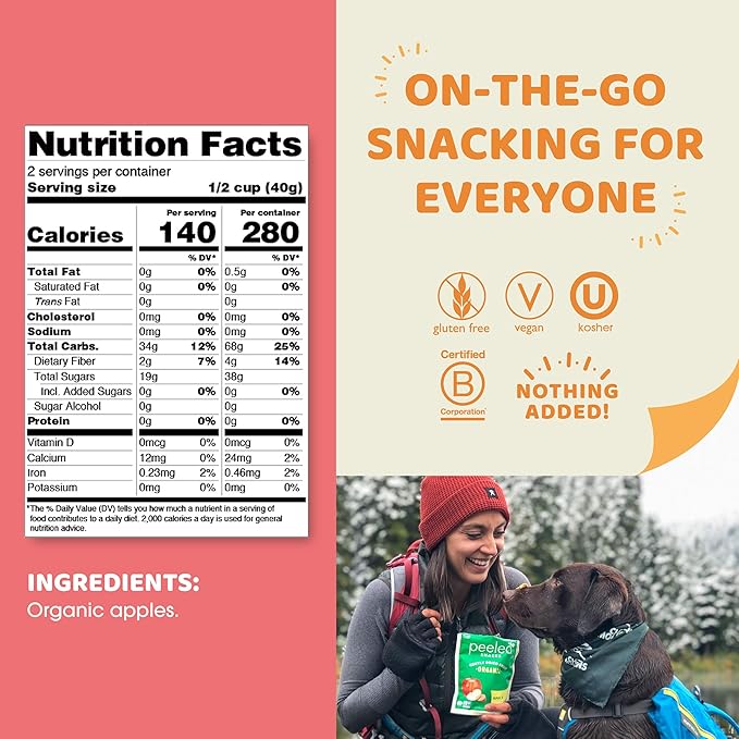 Peeled Snacks Organic Dried Fruit Apple 2.8 oz. Pack of 12 â€“ Healthy Vegan Snacks for On-the-Go Lunch and More