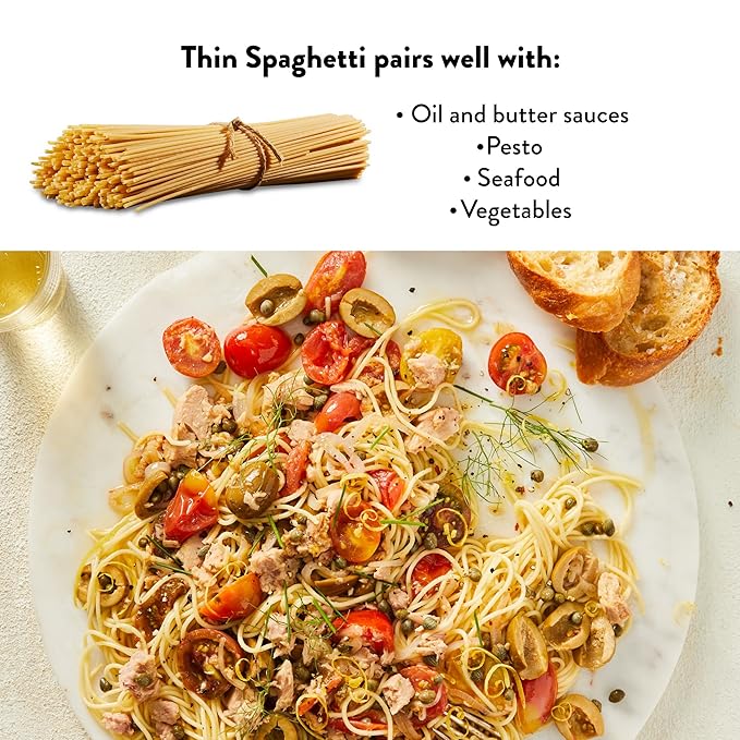 DeLallo Thin Spaghetti Pasta 1 Pound Bag 8 Pack Al Dente Texture Made in Itay Cooks in 9 Minutes Non-GMO Lactose-Free Peanut Free