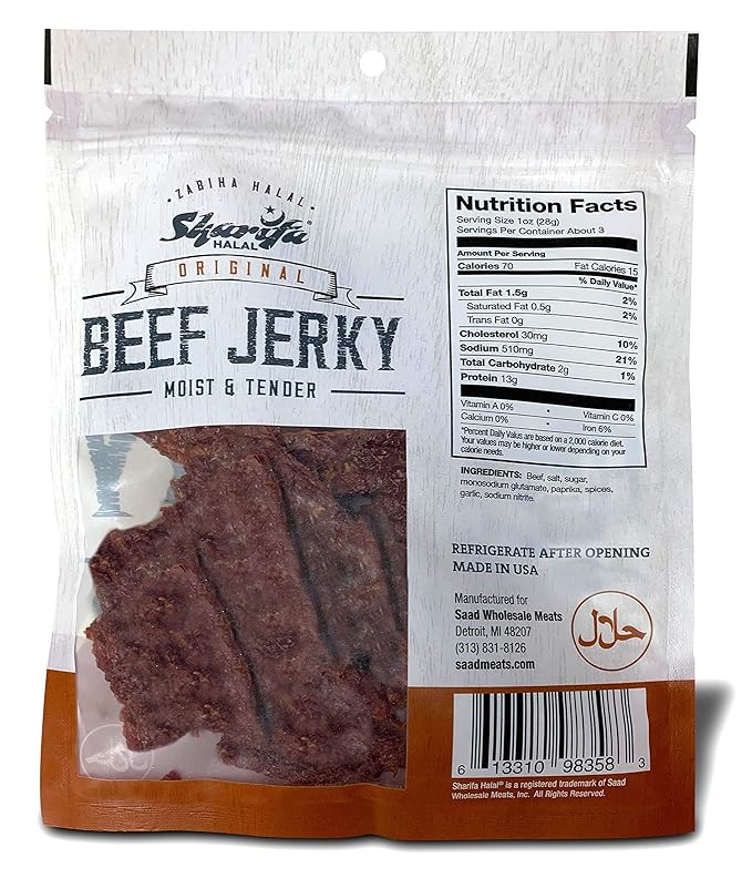 Sharifa Halal Beef Jerky Original (5 Pack) Each Bag 2.85 oz – Great Everyday Halal Jerky Beef Meat Snack 100 % Real Zabiha Halal Beef 13g of Protein 70 Calories 0g Trans Fat &amp 2g of Carbohy